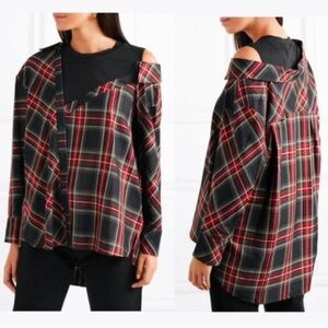 Maje Black Red Plaid Off Shoulder Button Down Long Sleeve Flannel Shirt Medium